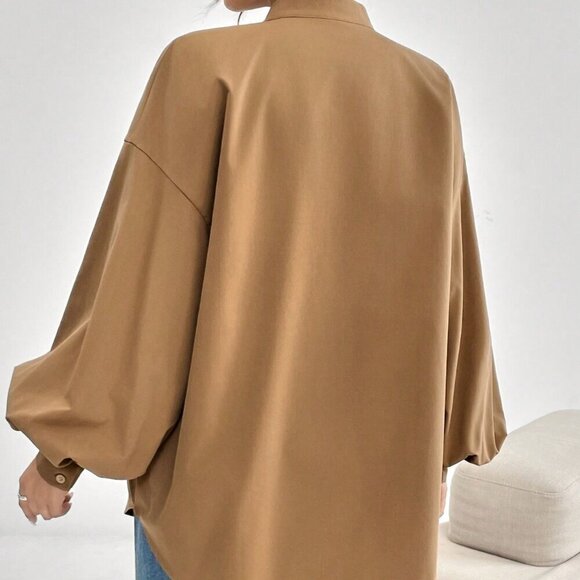 Casual Women's Lantern long Sleeve button down Blouse Tan - Picture 2 of 6